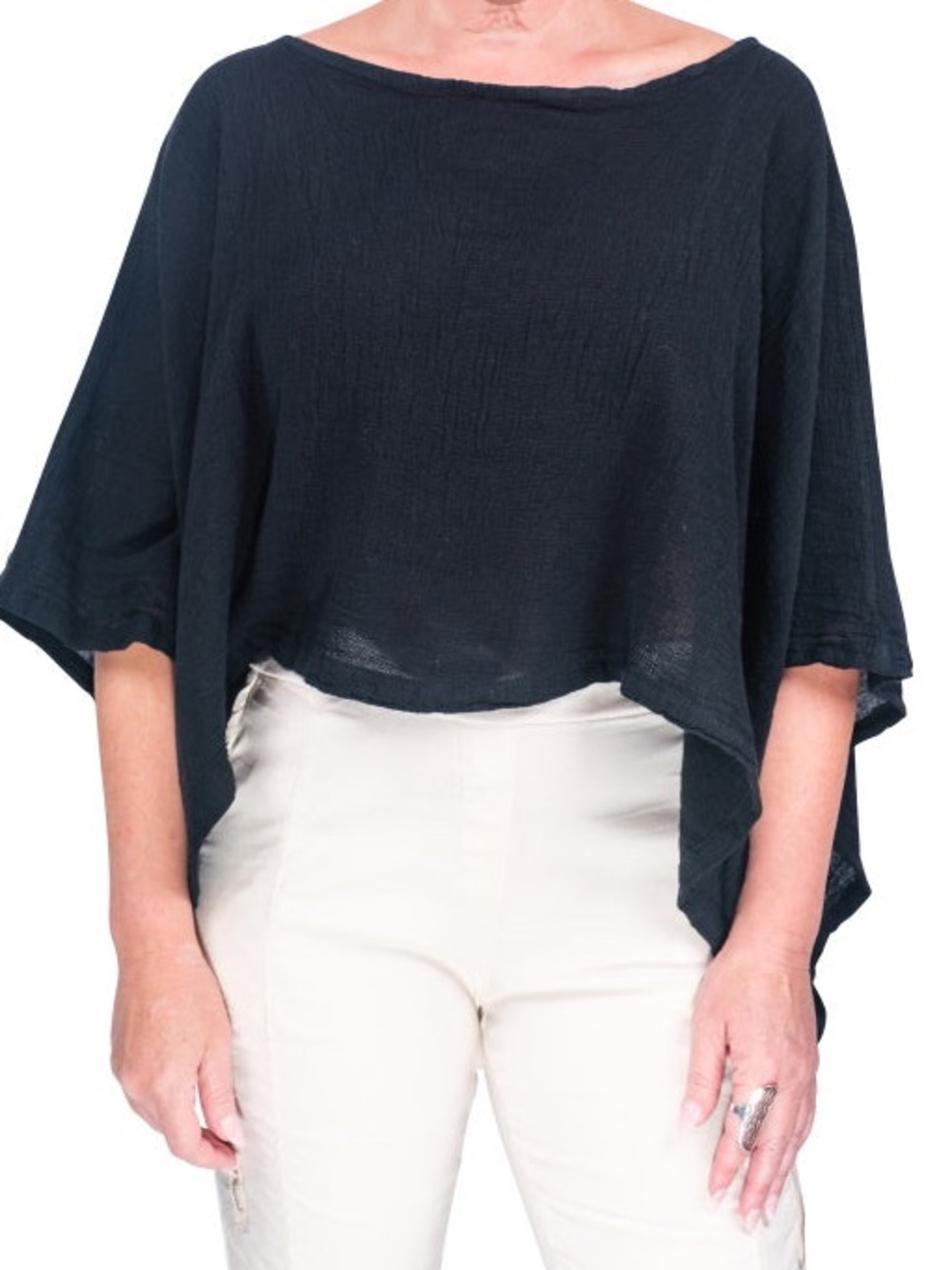 TINA STEPHENS Italy Leah Woven Poncho Top Black Linen Cotton Blend Crop Shrug OS
